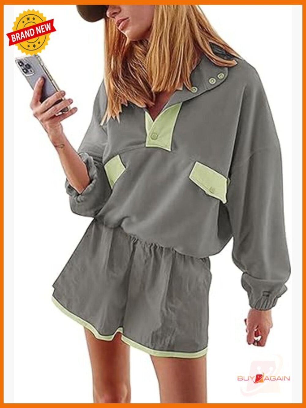 Two Piece Short Set Long Sleeve Lounge Sweatsuit Tracksuit with Pocket